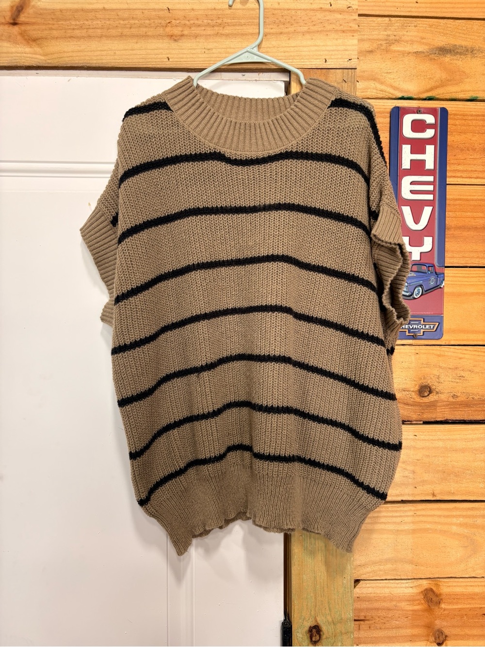 SHEIN Tan and Black Striped Short Sleeve Sweater Top